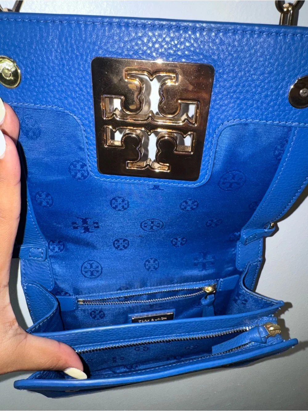 Tory Burch Britten blue purse - royal cobalt blue crossbody with gold accents